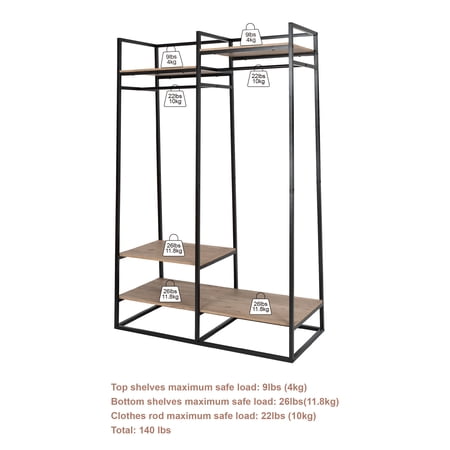 BETTER HOMES & GARDENS JACE FREESTANDING METAL 2-ROD GARMENT CLOTHES RACK WITH 4 WOODEN SHELVES, BLACK