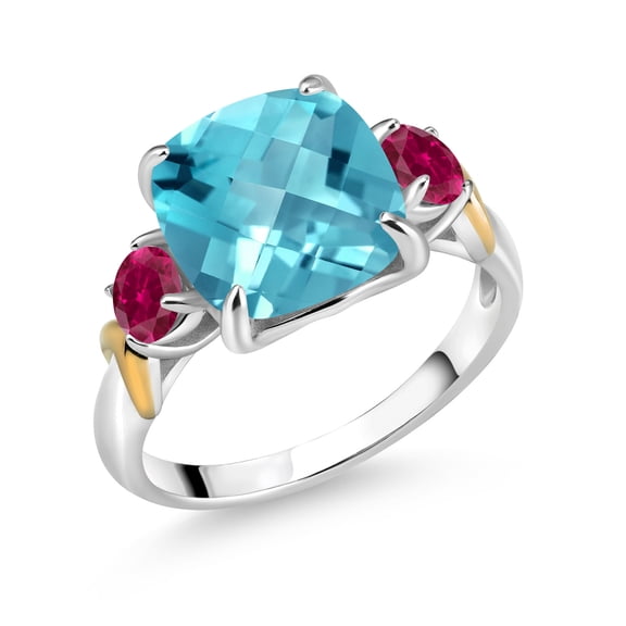 Gem Stone King 925 Silver and 10K Yellow Gold Swiss Blue Topaz and Created Ruby 3 Stone Ring for Women (4.55 Cttw, Gemstone November Birthstone, Cushion Checkerboard 10MM, Round 4MM, Size 6)