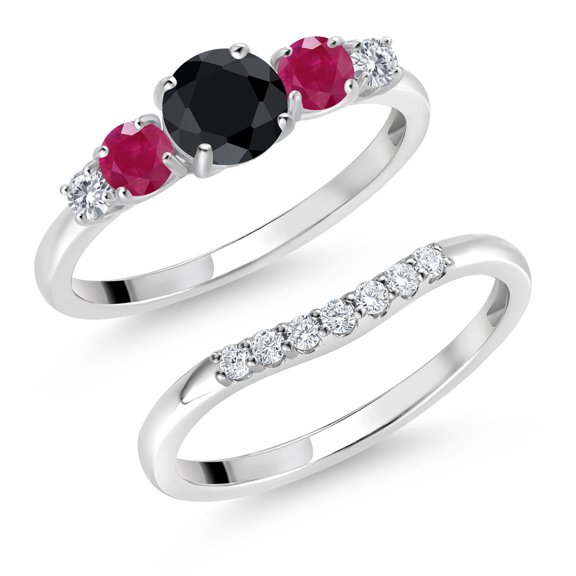 Gem Stone King 10K White Gold Black Sapphire Red Ruby and White Lab Grown Diamond 5 Stone Bridal Engagement Wedding Ring Set for Women (1.11 Cttw, Round: 5MM and 3MM, Size 5)