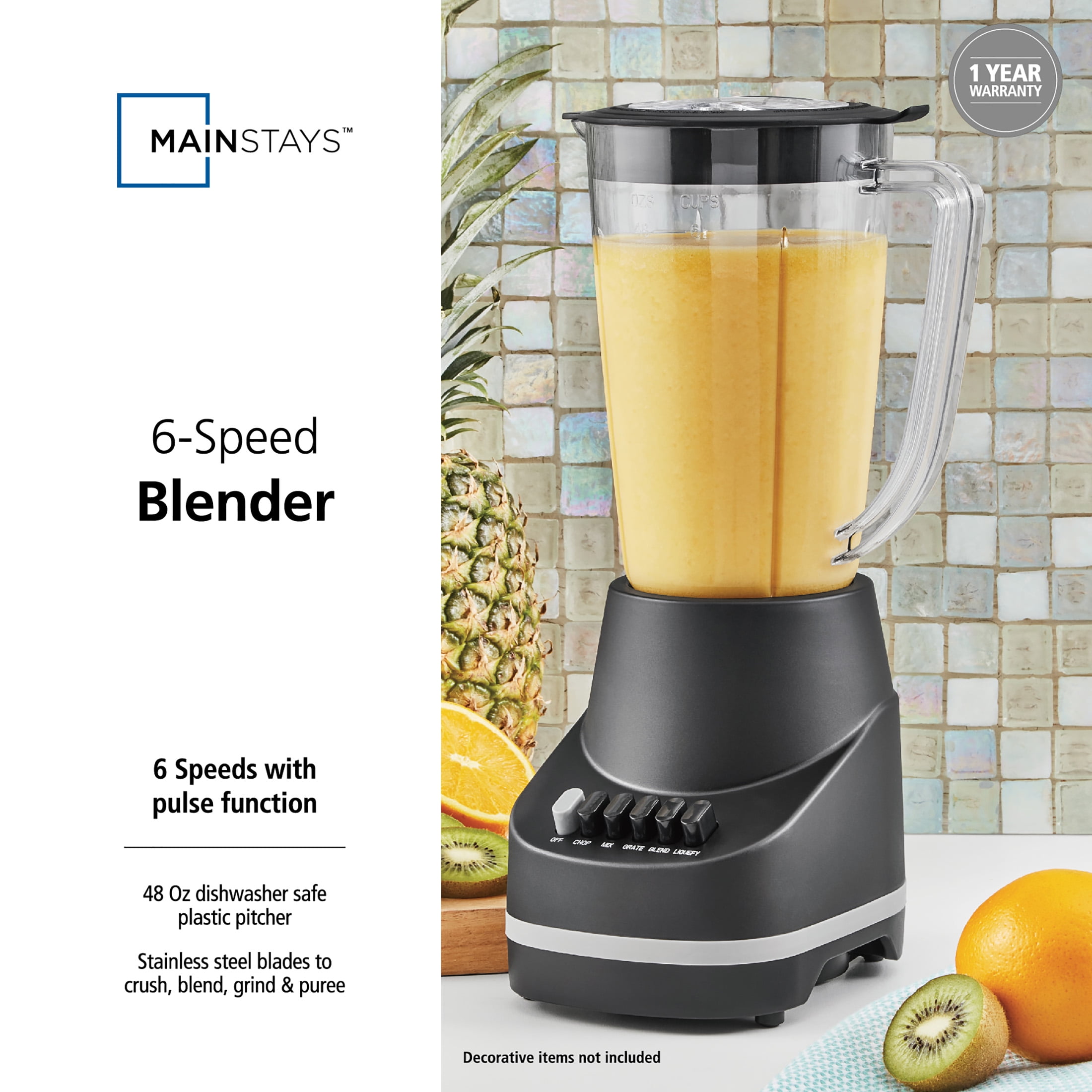 Mainstays 500 W 6-Speed Blender With 48 oz/1.5 L Jar , Black