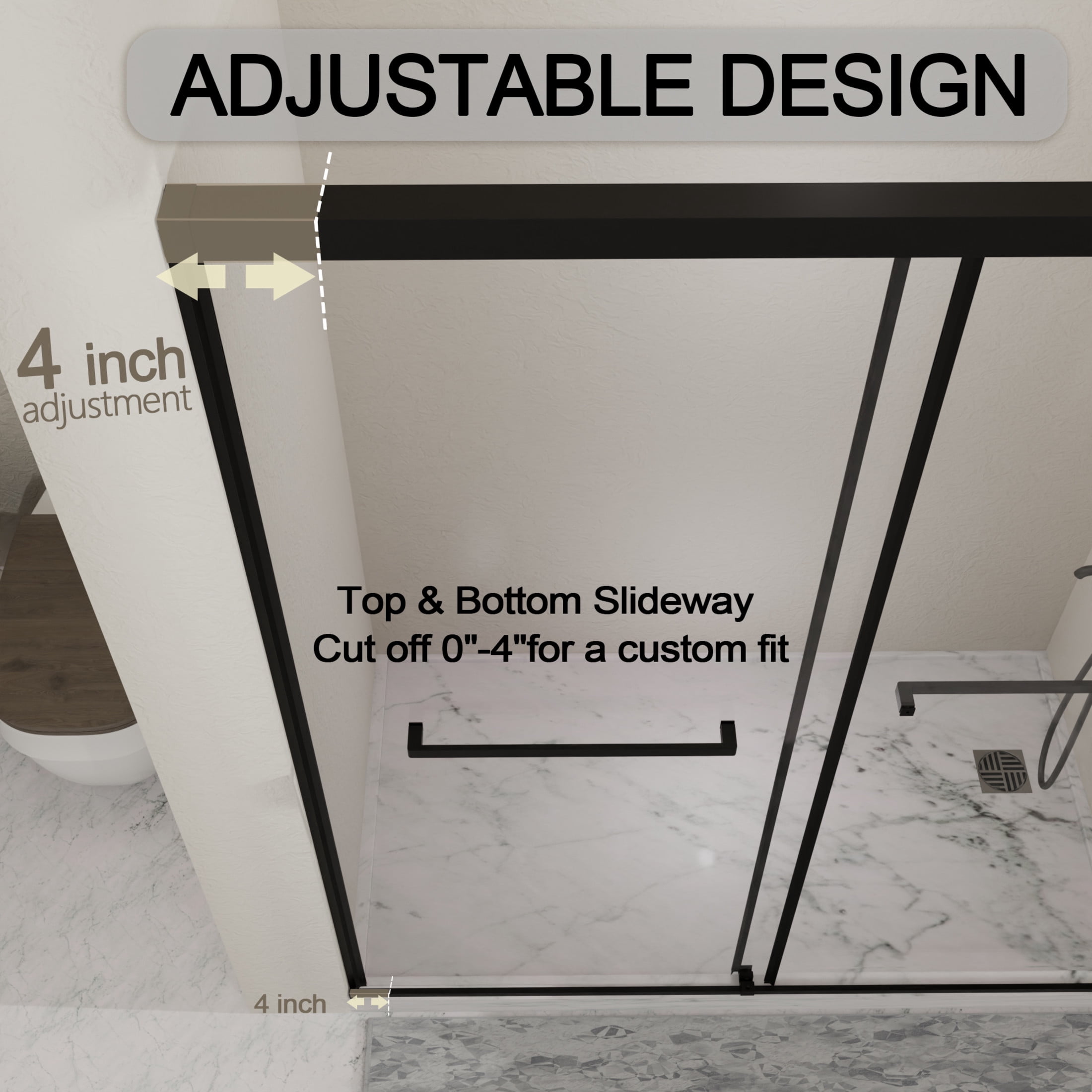 Noble House 60"x60" Bathtub Sliding Shower Door, Semi-Frameless Double Tub Door, Tempered Clear Glass, Matte Black