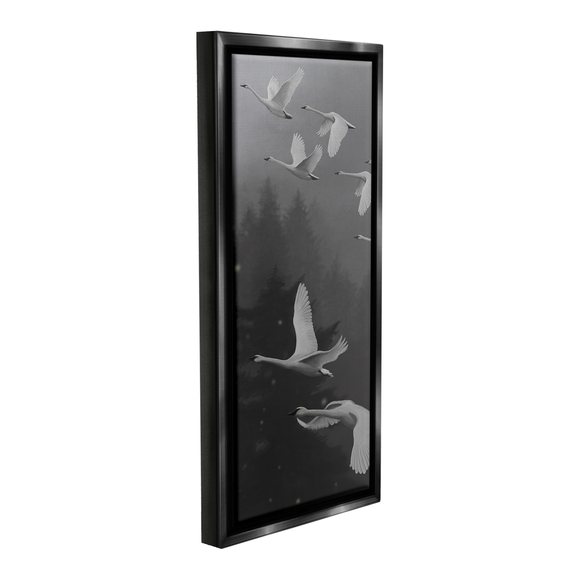 Stupell Industries Flying Swan Flock Animals & Insects Painting Black Floater Framed Canvas Art Print Wall Art, 11 x 25