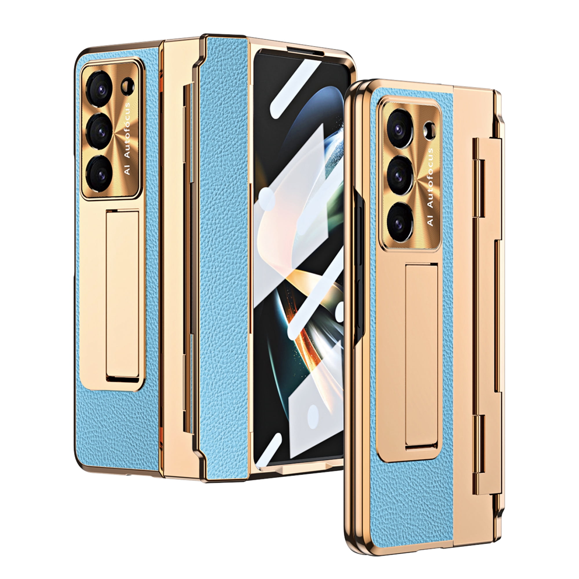 Allytech Galaxy Z Fold4 Case with Screen Protector, Kickstand Rugged Protective Shockproof Anti-Scratch Hinge Protection Phone Case for Samsung Galaxy Z Fold 4 - Blue+Gold