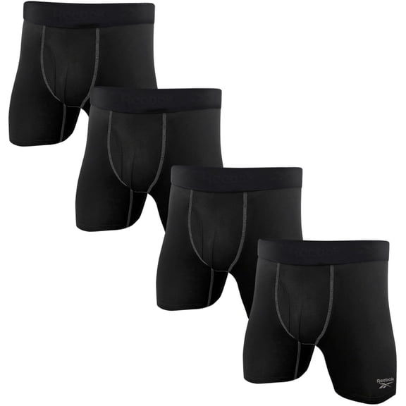 Reebok Men's Boxer Briefs - 4 Pack 6'' Inseam Stretch Performance Underwear Quick Dry Moisture Wicking Boxers - All-Pure Black - L