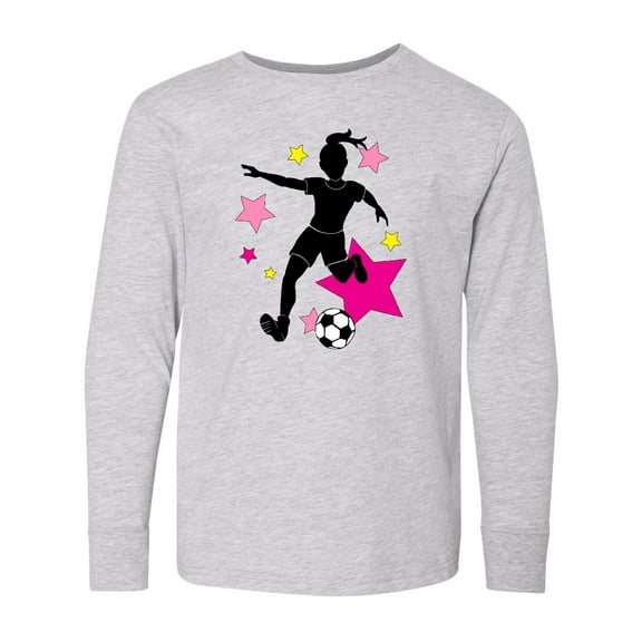 Inktastic Girl Playing Soccer Pink and Yellow Stars Long Sleeve Youth T-Shirt
