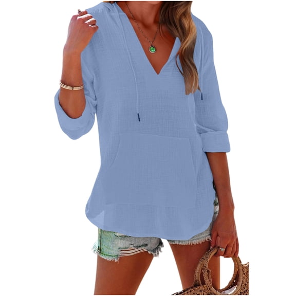 Sheghy Workout Tops for Women Oversized Solid Color V Neck Hooded Long Sleeve Pocket Pullover Sky Blue S