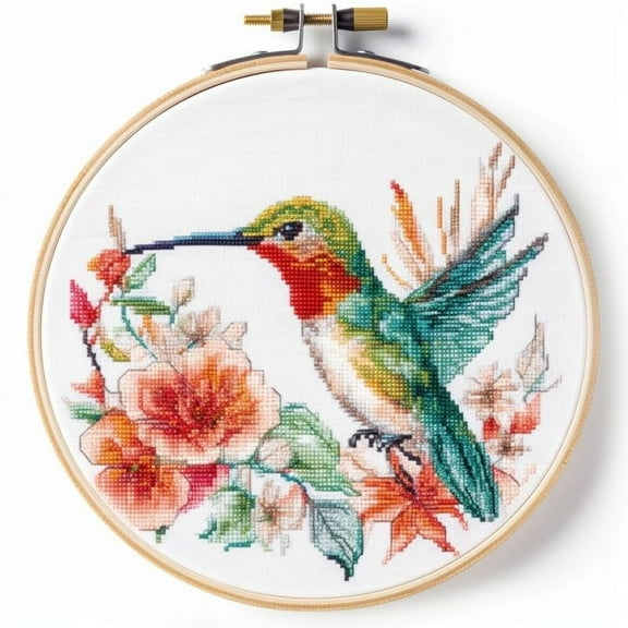 Watercolor Flower Hummingbird Starter Easy Cross Stitch Kits Color Stamped Embroidery Kits DIY 11CT Stamped Patterns Embroidery Needlework Kit Supplies 12 Inch Hoop Included(et-140)