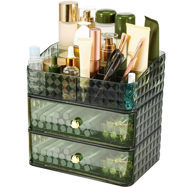 Makeup Organizer with Stackable Drawers Large Capacity Makeup Vanity Organizer with Compartment 3 Tier Cosmetic Storage Rack Pattern Makeup Case Organizer for Dresser Bathroom Bedroom