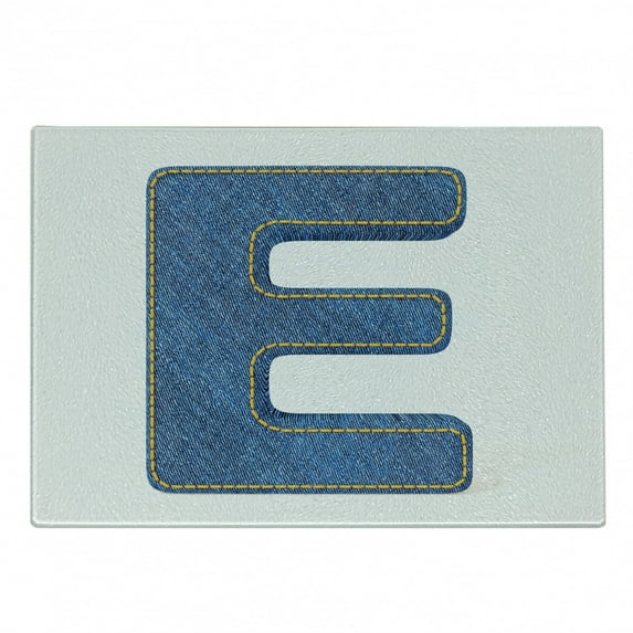 Letter E Cutting Board, Denim Blue Jeans Themed E from Alphabet ABC of Pattern Uppercase Letter, Decorative Tempered Glass Cutting and Serving Board, Small Size, Blue Yellow, by Ambesonne