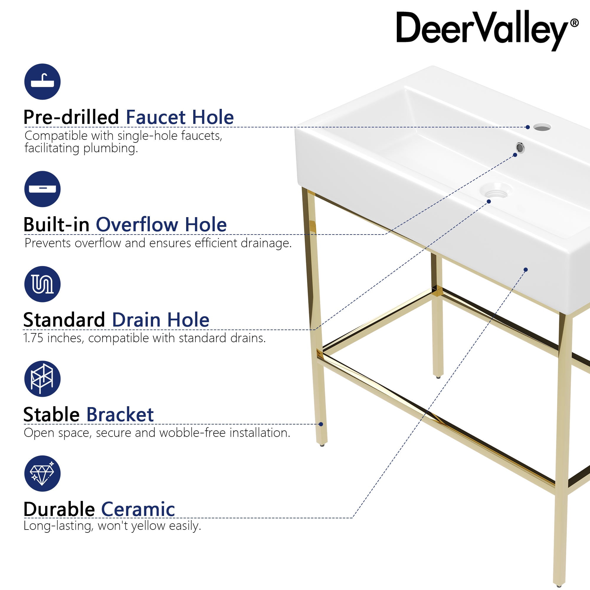 32 in. L x 17 in. W White Ceramic Console Sink Basin and Stainless Steel Golden Legs Combo with Overflow Hole