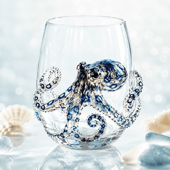 Artisanal Blue Ringed Octopus Glassware, 3D Octopuses Stemless Wine Glasses, Ocean Fantasy Embossed Glass Collection, for Handcrafted Marine Animal Bar, Coastal Home Decor Gift
