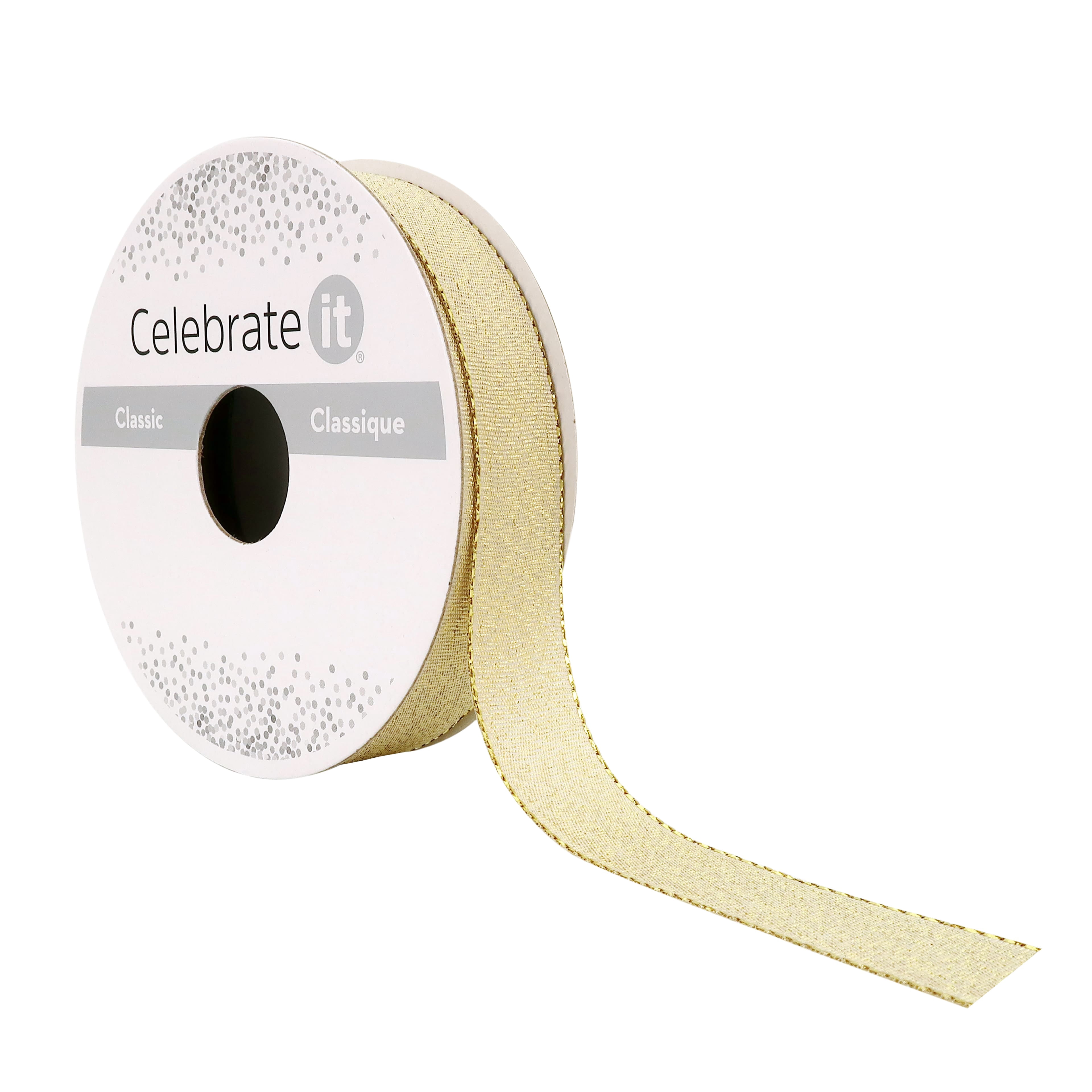 5/8" x 7yd. Gold Shimmer Ribbon by Celebrate It – Non-Wired with Woven Edge - Ideal for Gift Wrapping - Crafts & Decor - 12 Pack