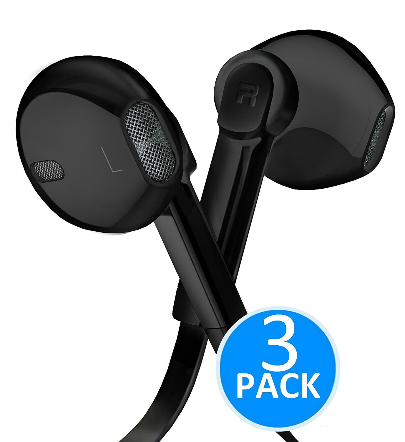 Headphones - In-Ear HD Stereo Noise Cancelling Sweatproof Sport Earphones Earbuds Flat Wired with Apple iOS Samsung and Android Compatible Microphone and Remote (Black 3-Pack)