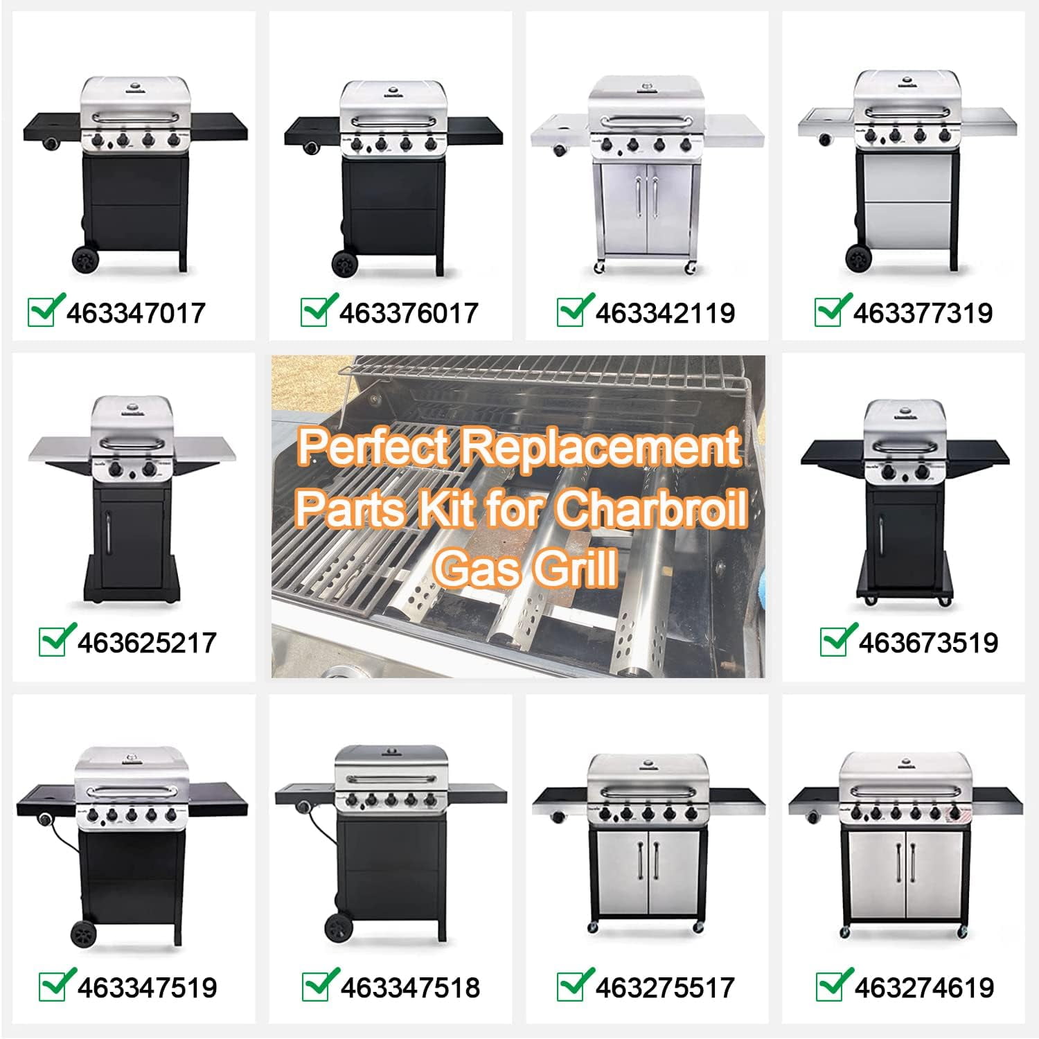 Grill Replacement Parts for Charbroil Performance 5 Burner 463347519, 463347518, 463275517, 463275717,Heat Plate Tent Shield,Grill Burner Pipe,Crossover Tube,for Charbroil 4 Burner 463347017 Gasgrill