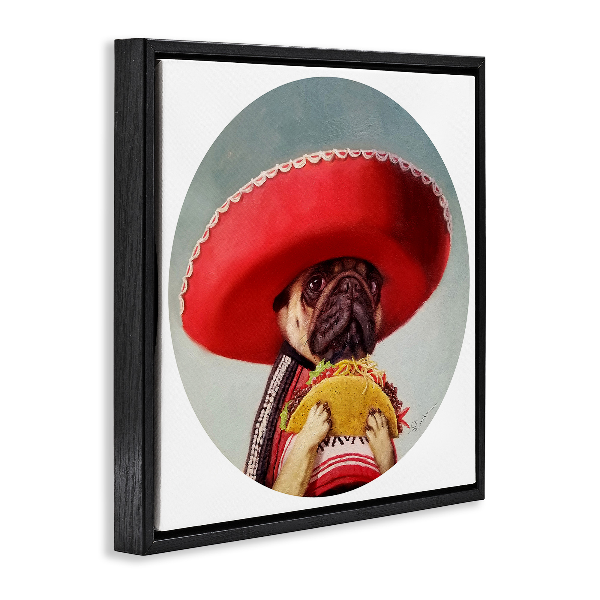 Stupell Industries Pug in Sombrero with Taco Animals & Insects Painting Black Floater Framed Canvas Art Print Wall Art, 18 x 18