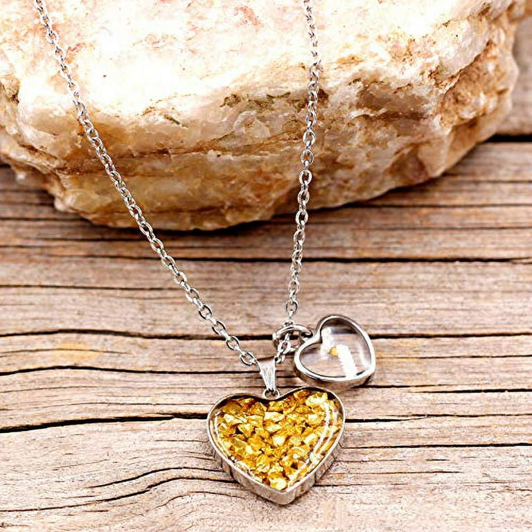 Created Gold Foil Broken Stone Inlay Love Heart Necklace Mustard Seed Charms Pendant Crystal Jewelry for Her Y941 (Yellow), Women's, Size: One Size