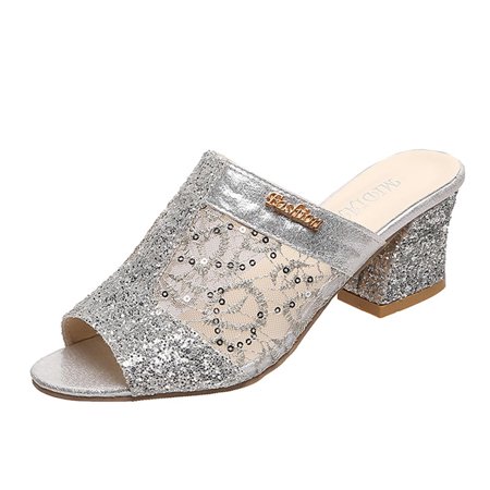 

TOYFUNNY Womens Shoes Mesh Fish Mouth Sequins Chunky Heel Sandals