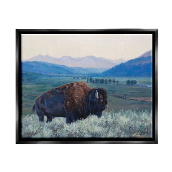 Stupell Industries Bison in Rural Landscape Animals & Insects Painting Black Floater Framed Art Print Wall Art, 21 x 17