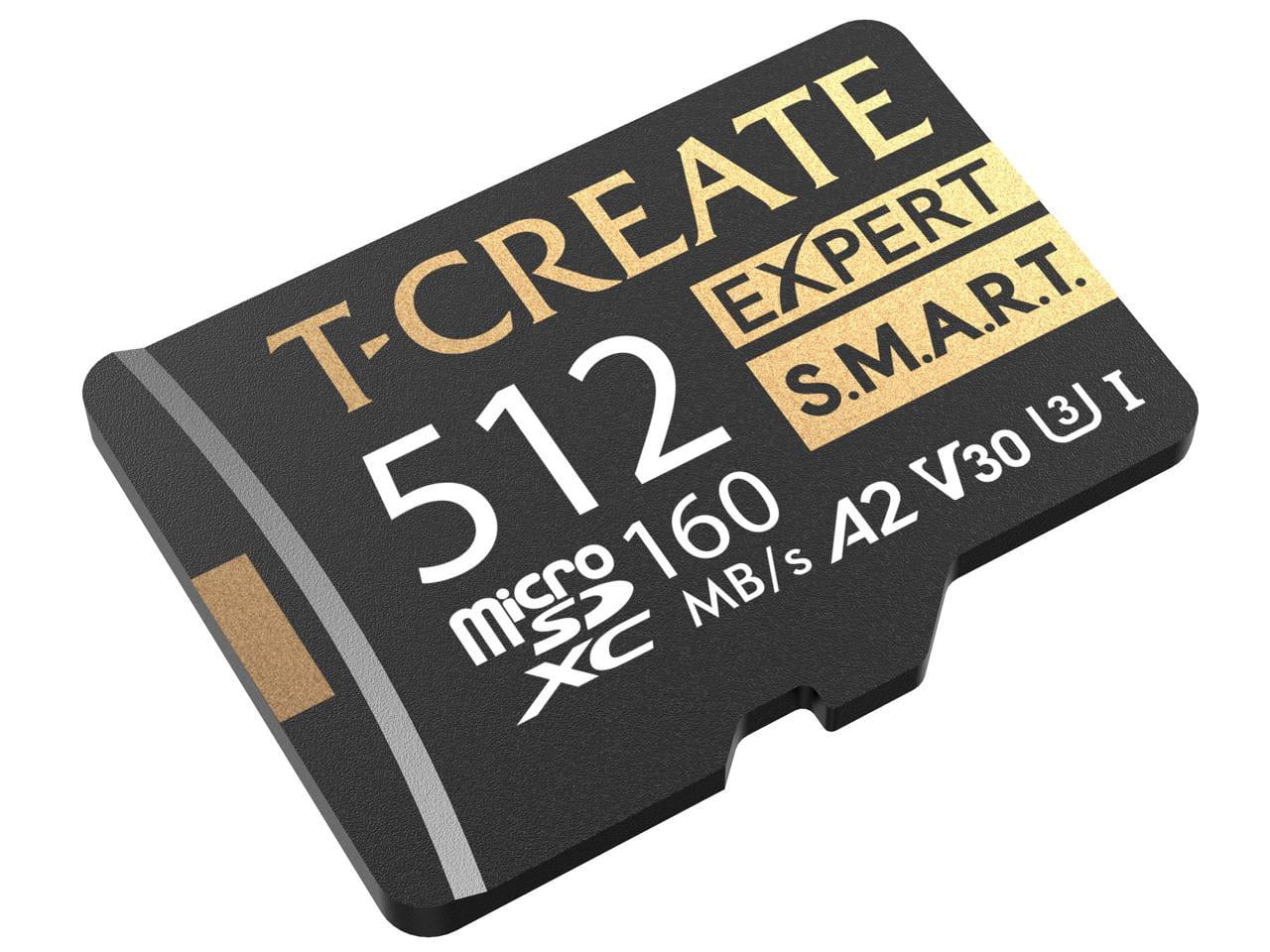 TEAMGROUP 512GB T-Create Expert S.M.A.R.T Monitored A2 microSDXC UHSI-I/U3 V30 4K High speed memory card with adapter, Compatible with GoPro, Insta360, Speed up to 160MB/s (TTCS512GIA2V3003)