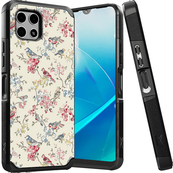 ANJ  Shockproof Dual Layer Slim Hard Case   Tempered Glass Cover Compatible with T-Mobile REVVL 7 5G - Birds and Flowers (Cream)