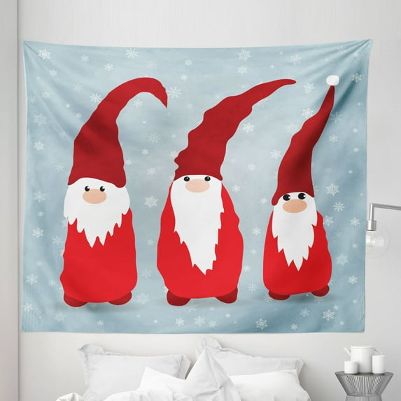 Gnome Tapestry, Funny Elves in Santa Clothes Xmas Theme in Winter with Snowflakes Humor, Fabric Wall Hanging Decor for Bedroom Living Room Dorm, 5 Sizes, Vermilion Ruby Pale Blue, by Ambesonne