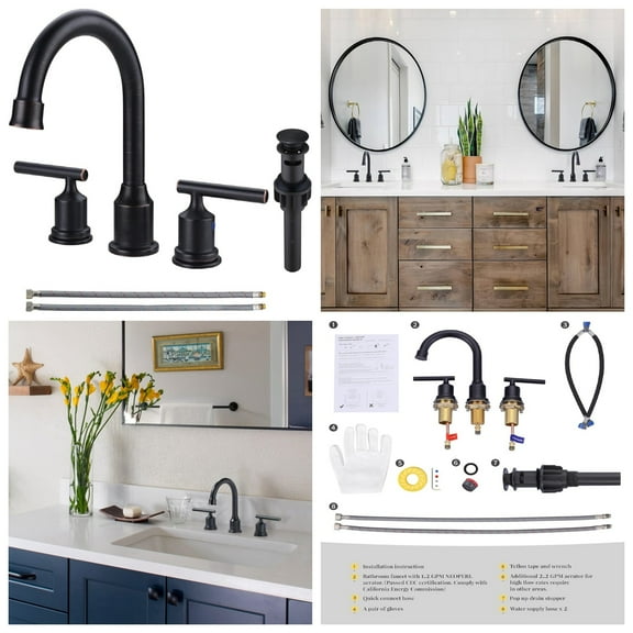 2 Handle Bathroom Faucet Oil Rubbed Bronze Bathroom Sink Faucet Widespread Vanity Faucet 3 Hole with Pop Up Drain and Supply Hoses High Arc Basin Faucet Brass
