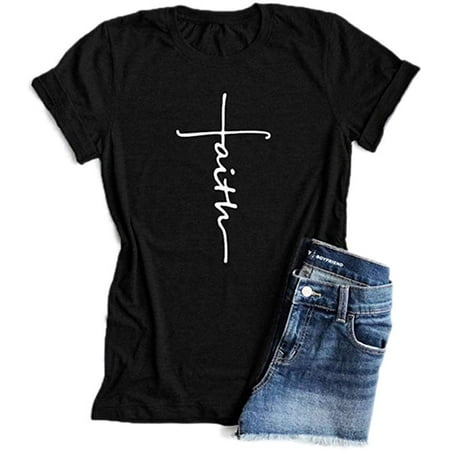 Women's Cross Faith T-Shirt Casual Short Sleeve Printed Cute Graphic Tee Tops