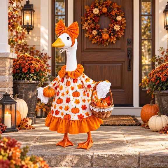 Porch Goose Outfits, 23-Inch Porch Goose Fall Outfit with Pumpkin Maple Leaf Print Skirt, Fall Goose Costume for Lawn Garden Patio Front Porch Decor