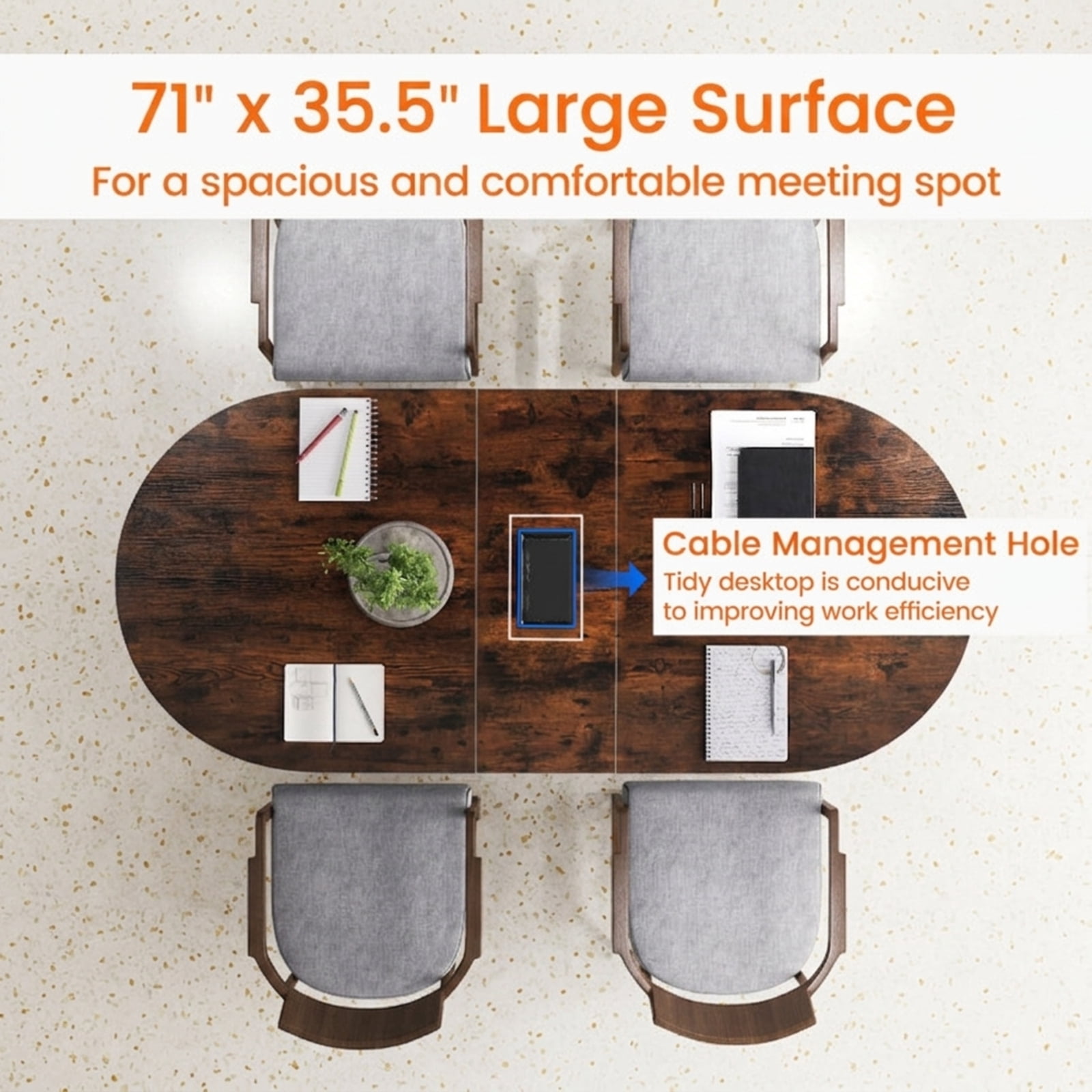 Furnibear Executive Desk 71 Inch Large Oval Home Office Desk Computer Writing Work Desk with Cable Management Hole and Metal Frame, Rustic Brown