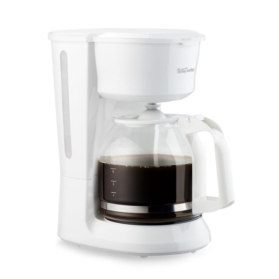 Betty Crocker 12-Cup Drip Coffee Maker with Heat Resistant Glass Carafe, Removable Filter Holder for No. 4 Cone Filters, Pause & Pour, Water Level Gauge, Non-Stick Warming Plate, BC-5729W, White