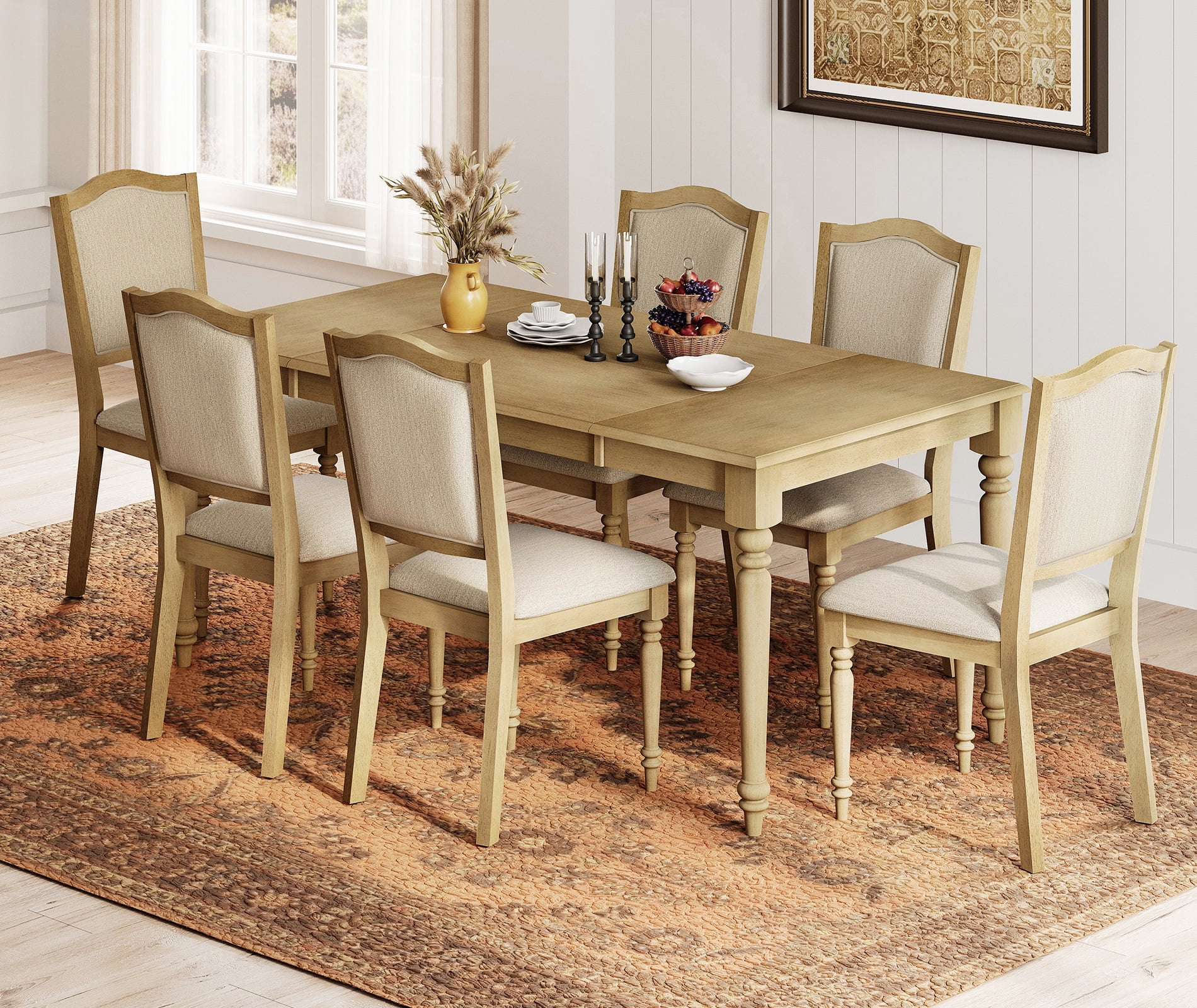7 Piece Dining Table Set for 6-8 People - Includes One Dining Table, 6 Wood Dining Chairs, Rustic Dining Set for Kitchen, Oak