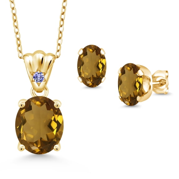 18K Yellow Gold Plated Silver Whiskey Quartz and Blue Tanzanite Pendant and Earrings Jewelry Set for Women (5.04 Cttw, Gemstone Birthstone, Oval 11X9MM and 8X6MM with 18 inch Silver Chain)