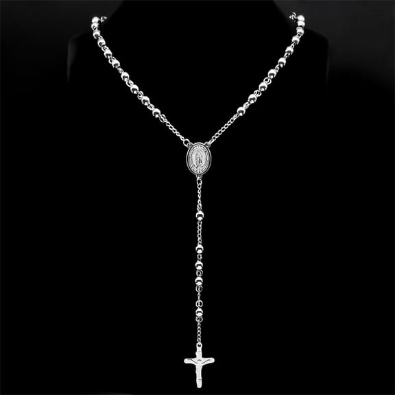 Religious Catholic Virgin Mary Jesus Cross Rosary Necklace for Men Women 14K White Gold Christian Christ Long Chain Jewelry