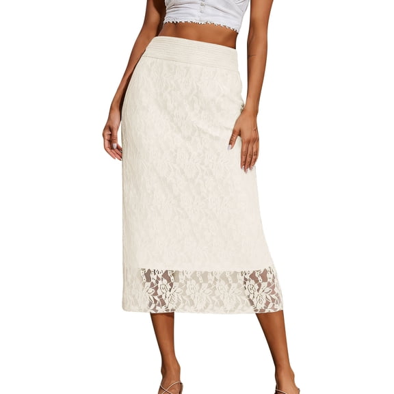 Ygbgbb Women's High-Waisted Lace Skirt Summer Loungewear Midi Skirt Elegant Floral Lace Skirt for Wedding Guests Parties Office Wear and Casual Outfits Beige XL