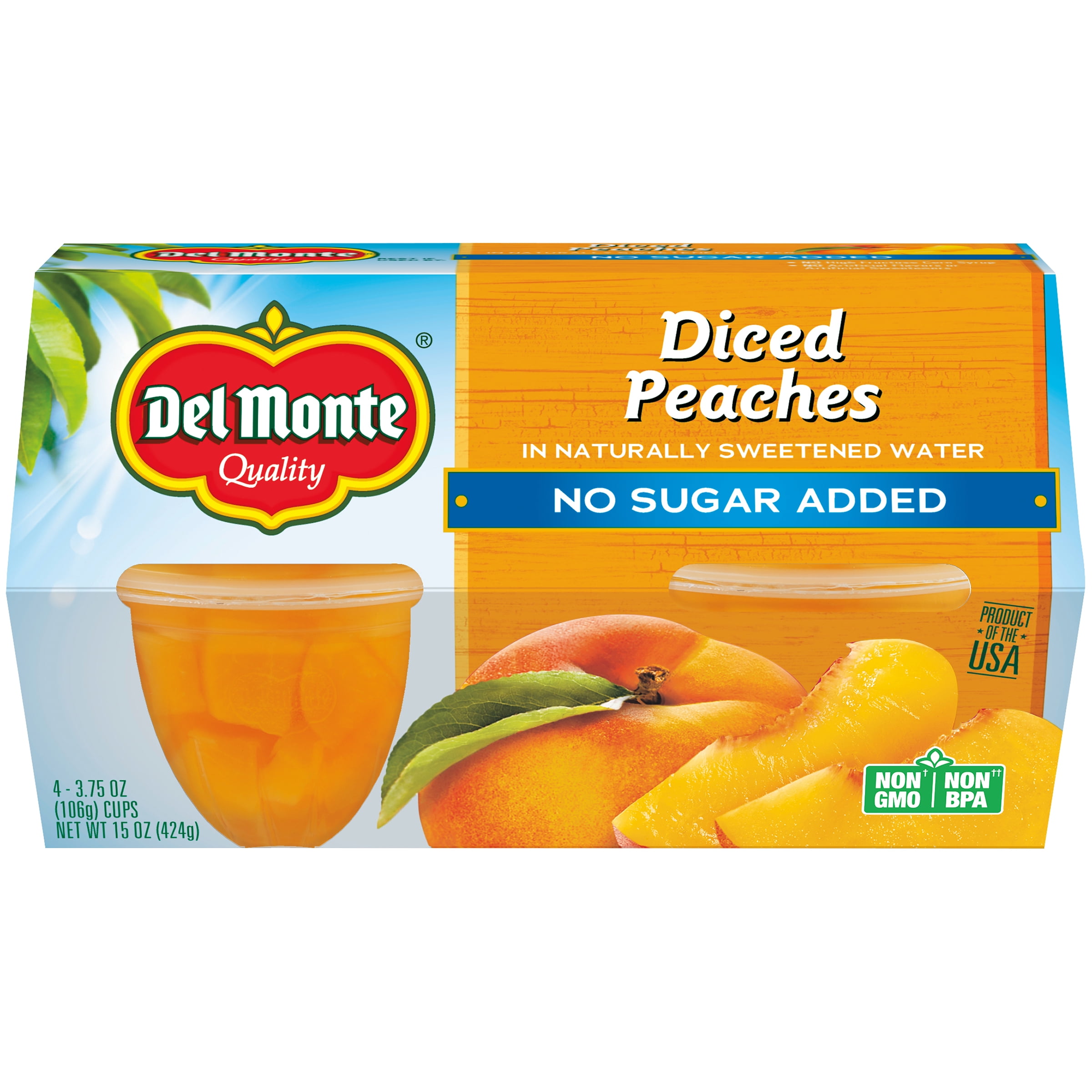 (4 Cups) Del Monte Diced Peaches Fruit Cups, No Sugar Added, 3.75 oz