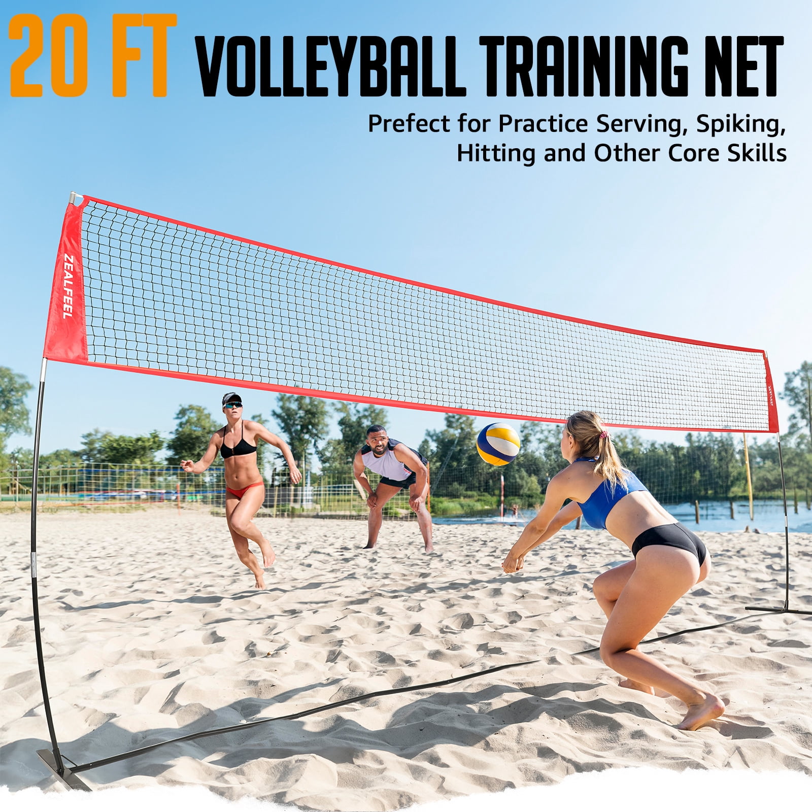 Zealfeel 20ft Volleyball Net Set: Height Adjustable Freestanding Training Net for Backyard & Outdoor Use. Includes All Accessories and Carry Bag