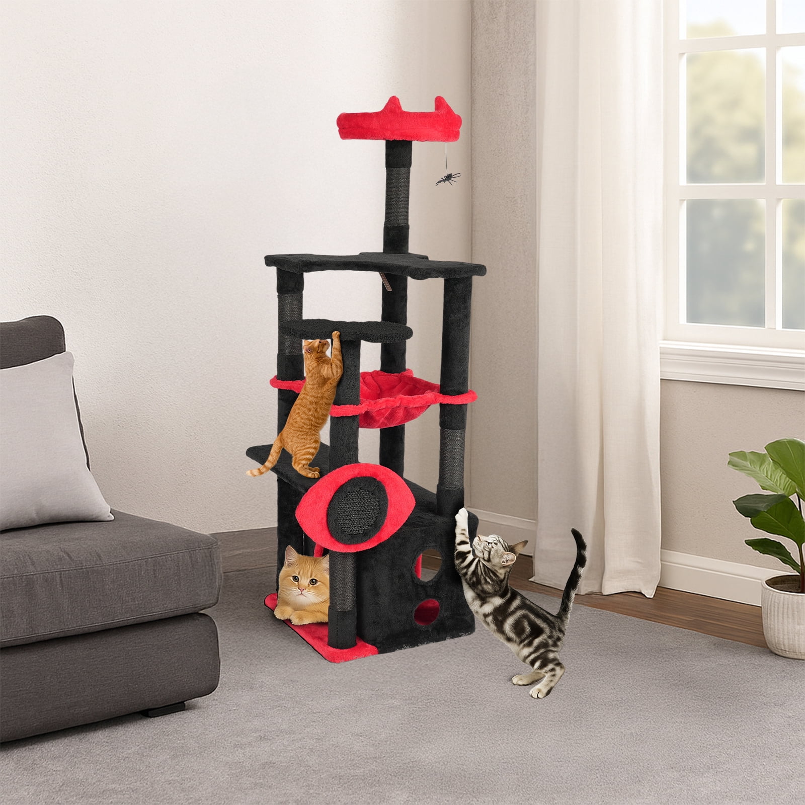 Zimtown 5-Layer Halloween Cat Tree with Scratching Post, Plush Cave Bed & Glow Eyes, Black & Red