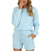 Women's Pajama Set Cozy Cotton Loungewear Shorts Long Sleeve Sleepwear Pjs with Pockets