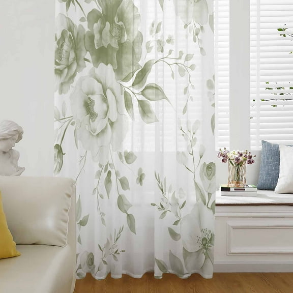 Sage Green Flower Semi Sheer Curtains Drapes for Living Room, Bedroom, French Doors Window 84 Inches Long, Watercolor Gradient Retro Floral Rod Pocket Chiffon Curtain Drapery Voile Draperies Panel