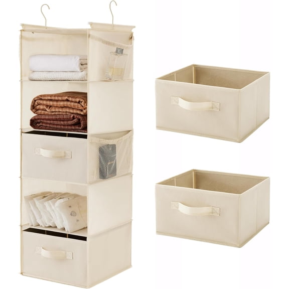 MAX Houser 5 Tier Shelf Hanging Closet Organizer, Cloth Hanging Shelf with 2 Sturdy Hooks for Storage, Foldable (Beige-D2)
