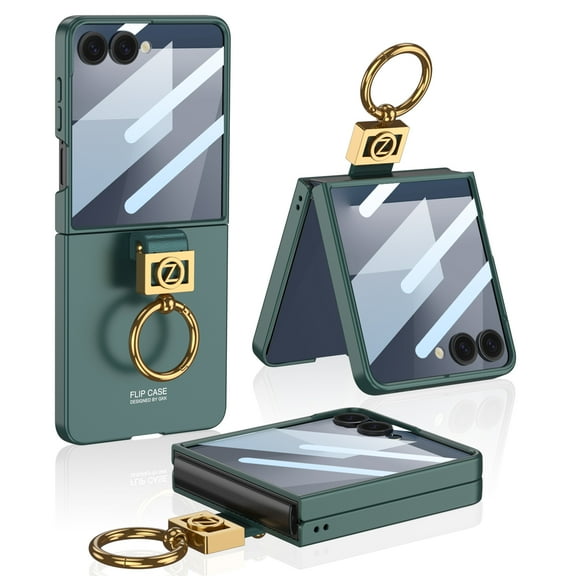 ELEHOLD Case for Samsung Galaxy Z Flip 7, Shockproof Phone Case with Built-in Ring Stand & Screen Protector,Darkgreen