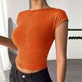 thumbnail image 3 of Blusa de manga corta de punto para mujer, elegante, de color liso, ajustada, con cuello redondo, para citas, color naranja S, 3 of 6