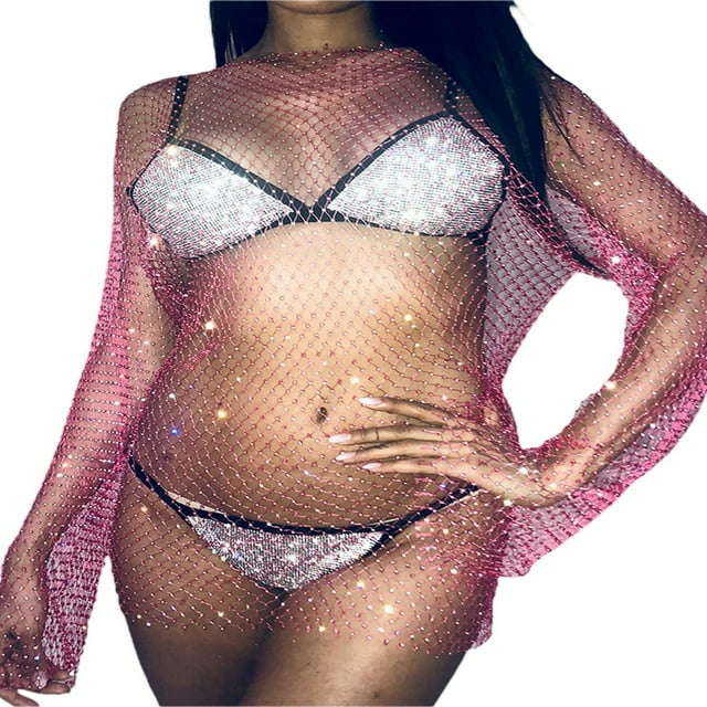 Women‘s See Through Pearl Rhinestone Cover Up Dress Summer Sheer Mesh Bikini Cover Up Beach Bathing Suit Coverups