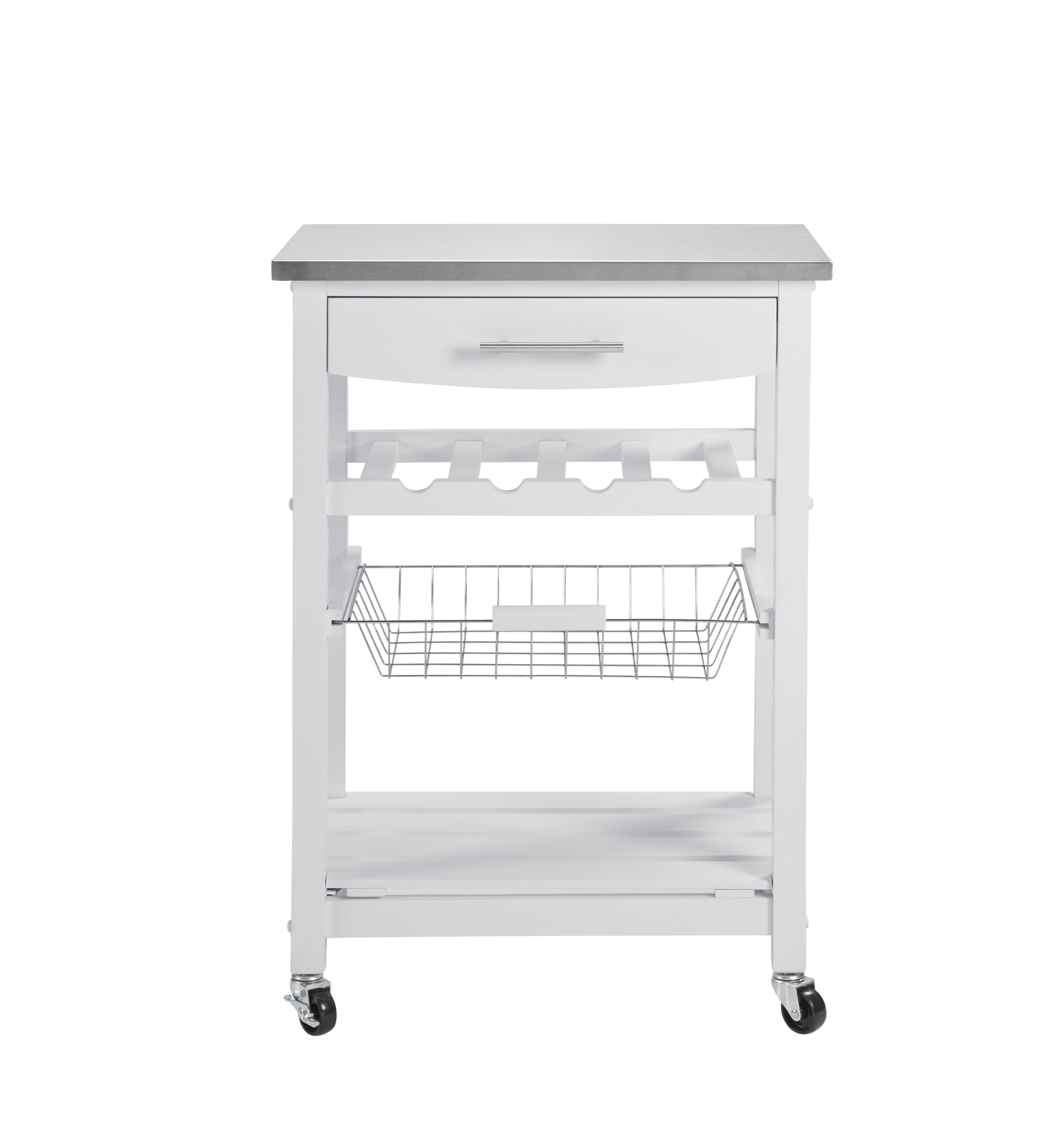 Mobile Rolling Kitchen Island with Stainless Steel Top, Drawer & Storage Basket