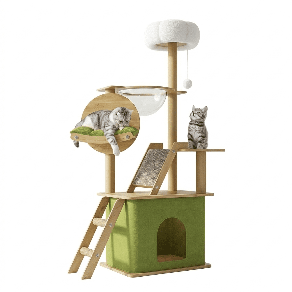 Mekidulu 59in Green Wood Cat Tree Tower, Modern Pet Furniture for Large Cats