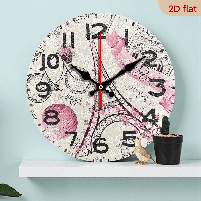 Romantic Paris Eiffel Tower with Flowers Butterfly Wooden Wall Clock, 10 Inch Battery Operated Analog Quiet Romantic Paris Eiffel Tower with Flowers Butterfly Wooden Wall Clock, 10 Inch Battery Operated - a