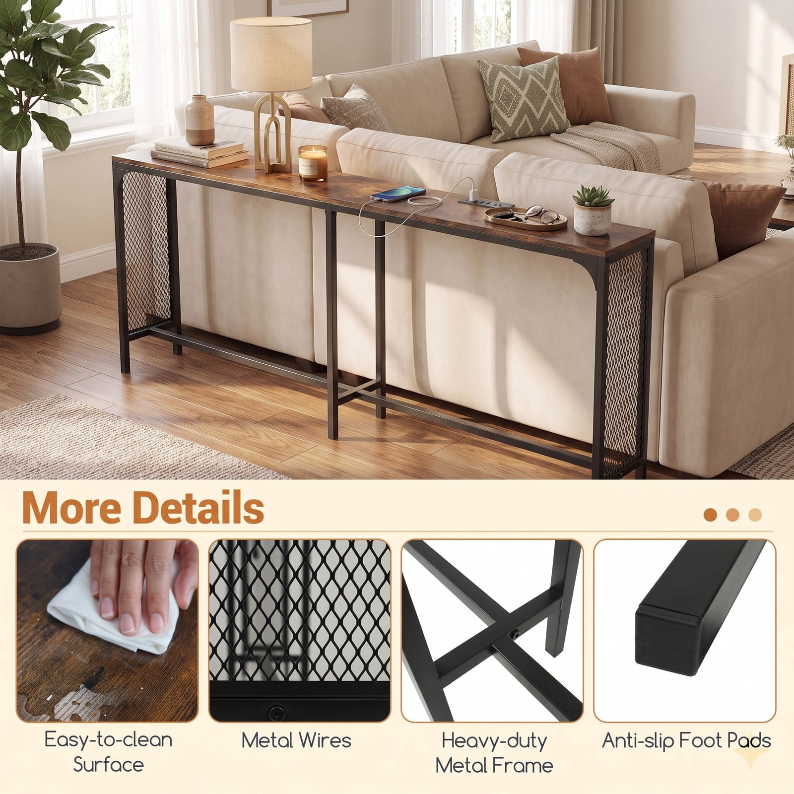 Furnibear 71 Inch Narrow Console Table with Power Outlet and USB Ports and Metal Mesh Frame for Small Space, Rustic Brown