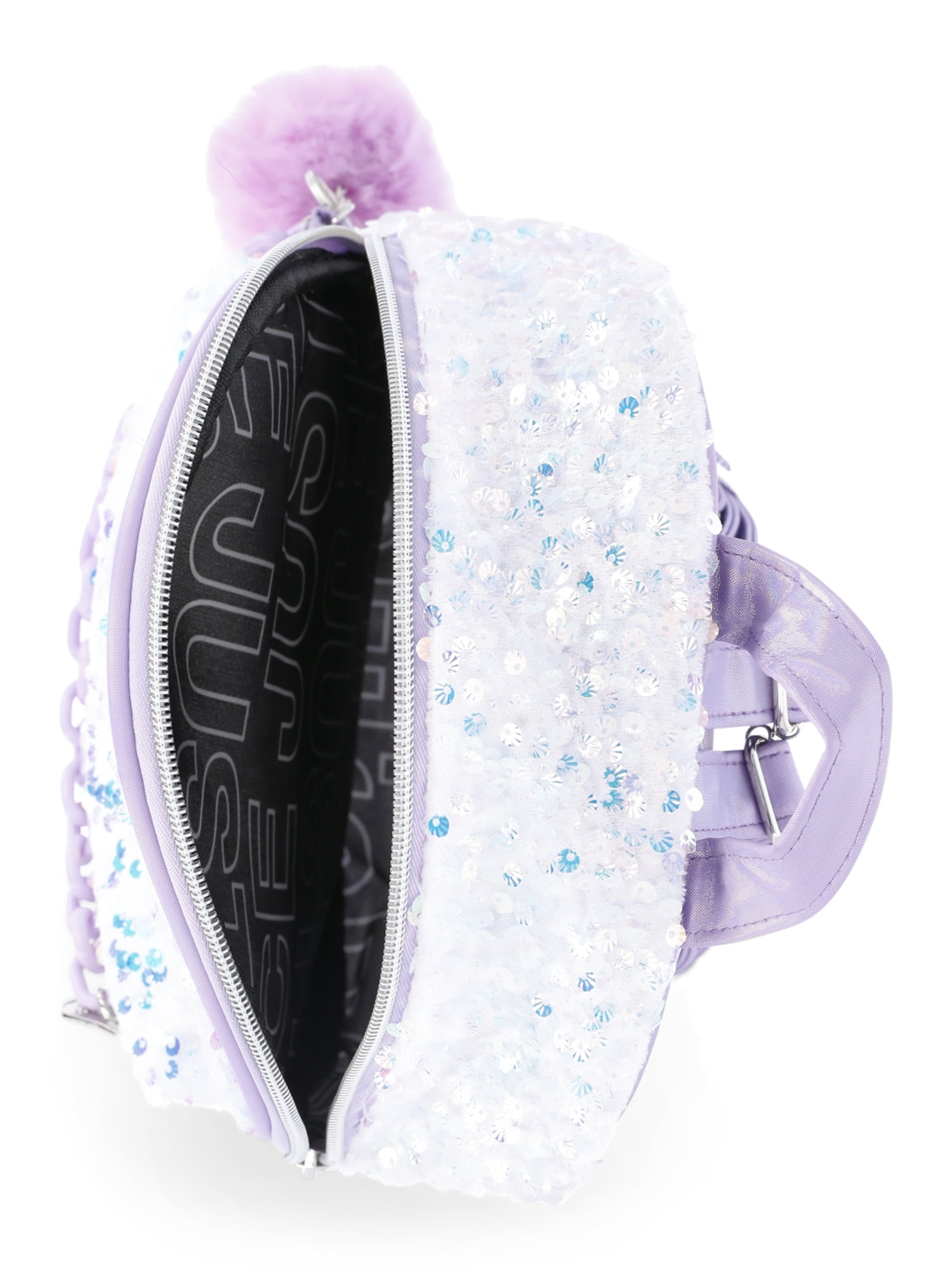 Justice Girls Velvet Sequin Mini Backpack with Front Chain Detail and Pom Keychain