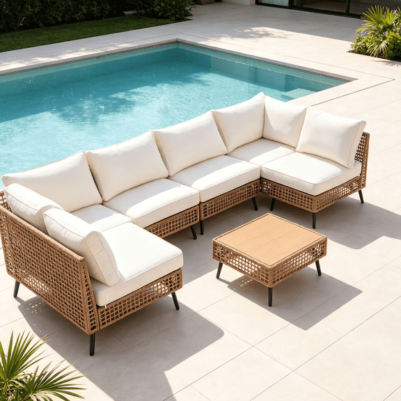 LAUSAINT HOME 7-Piece Outdoor Wicker Patio Furniture Conversation Set, Sectional Sofa with Cushions, Beige