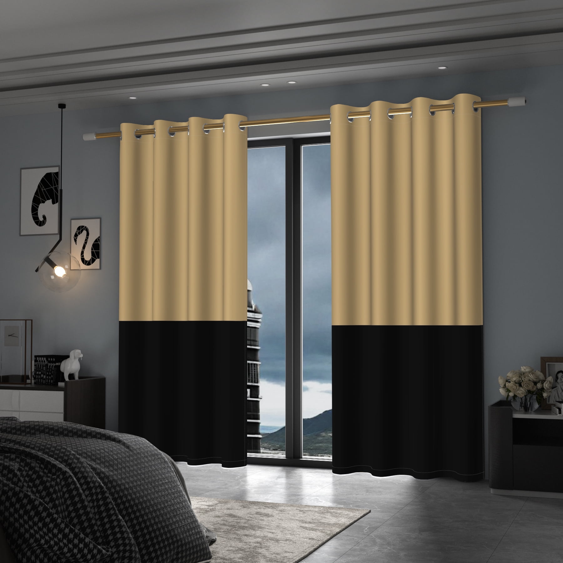 Lfeey Yellow and Black Blackout Curtains, Grommet Curtains for Bedrooms, 42x63, 2 Panels